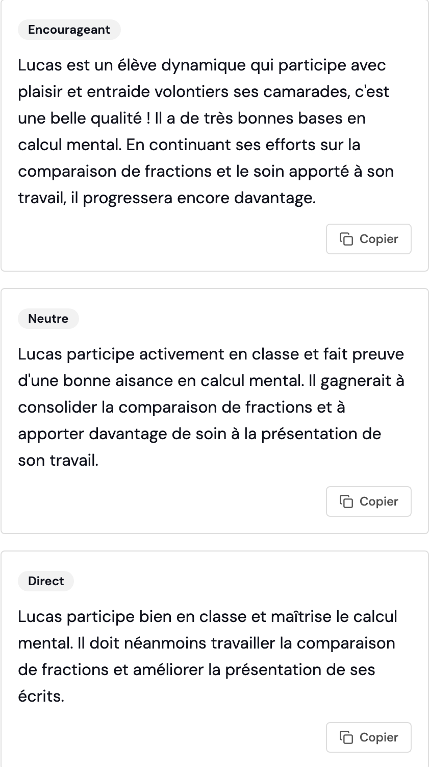 Appréciations de bulletin générées