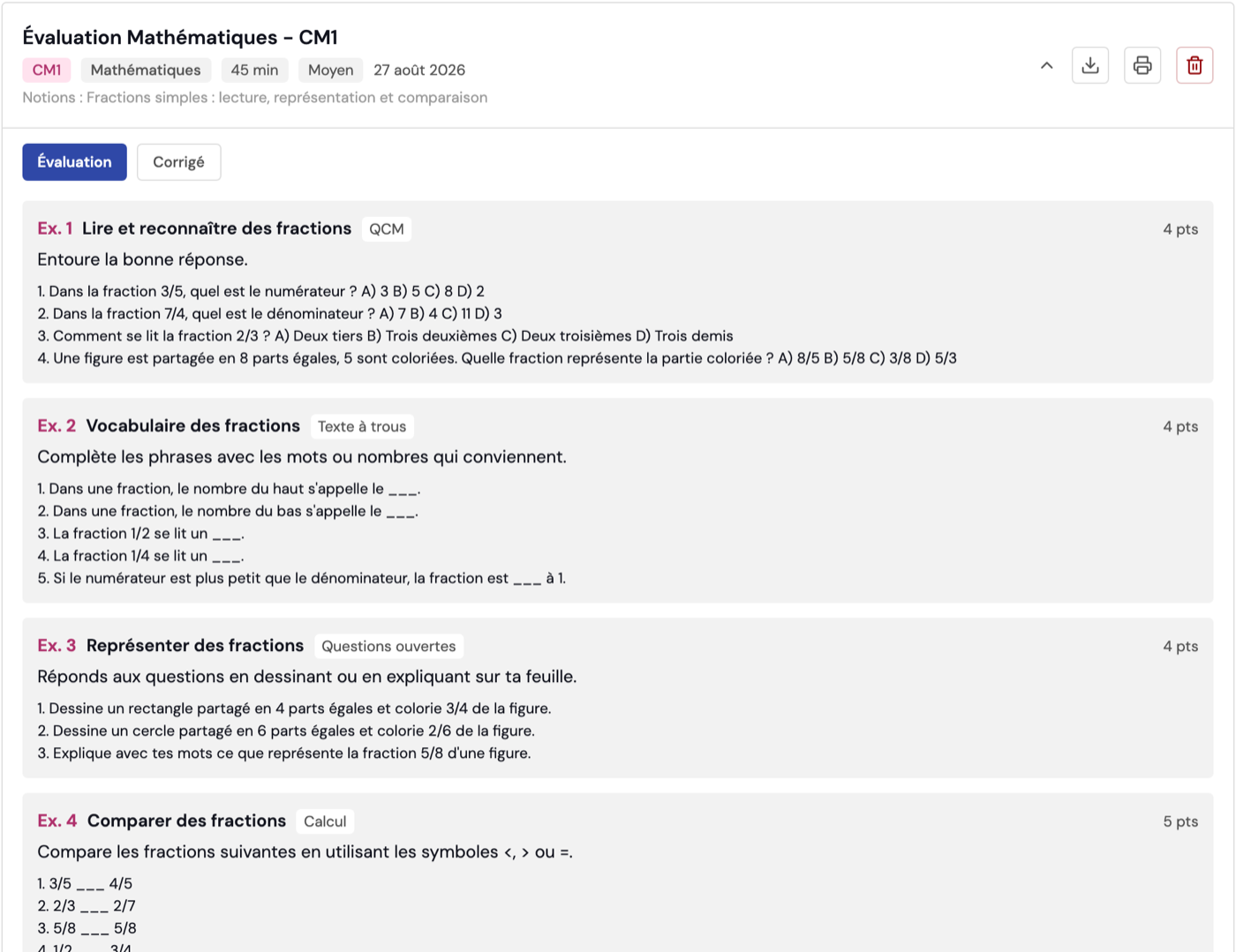 Évaluation différenciée avec corrigé