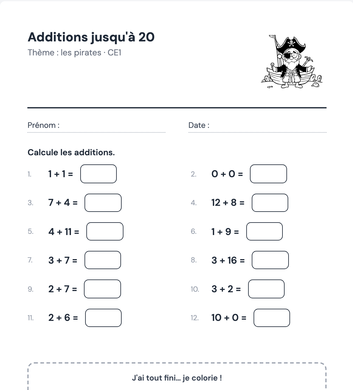Fiche d'exercices illustrée sur le thème des pirates