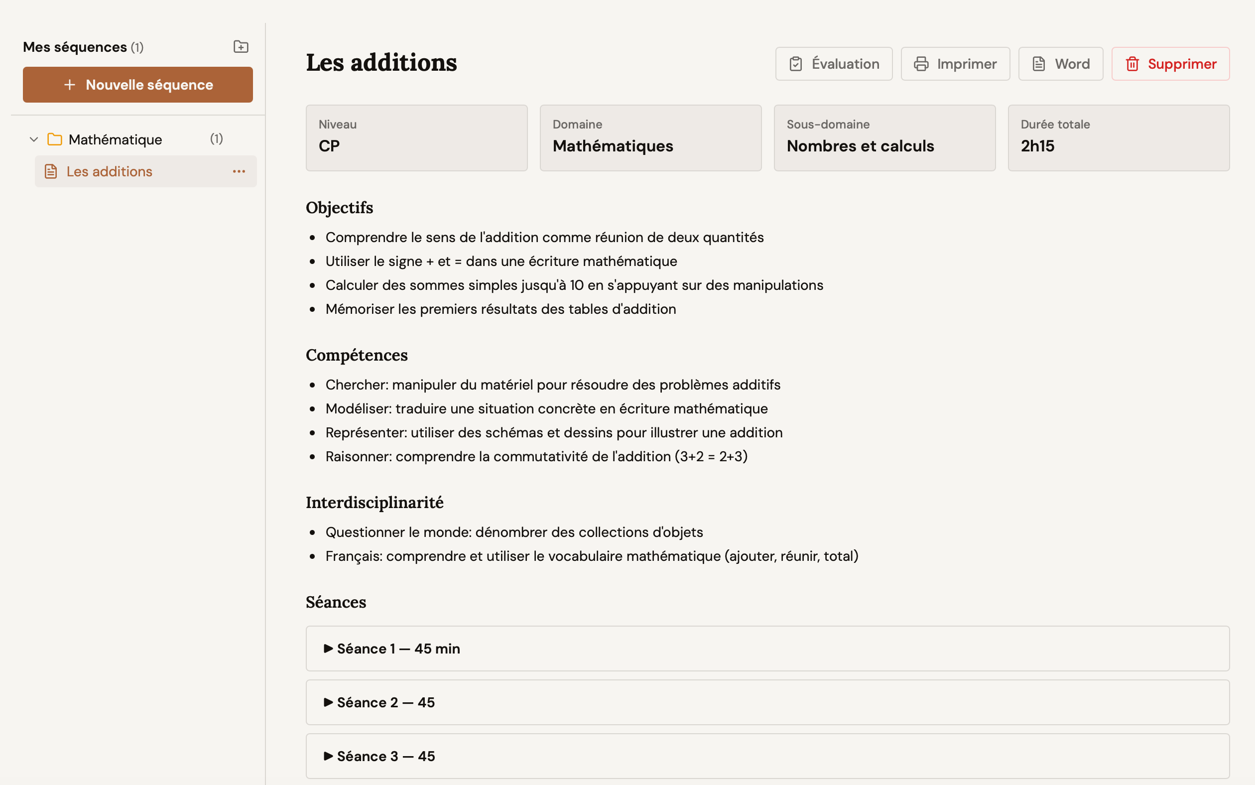 Aperçu d'une fiche de séquence générée