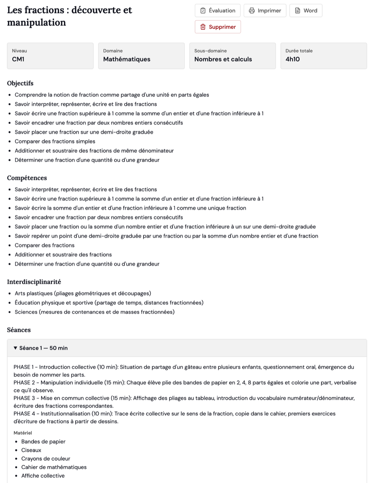 Fiche de séquence générée, prête à imprimer