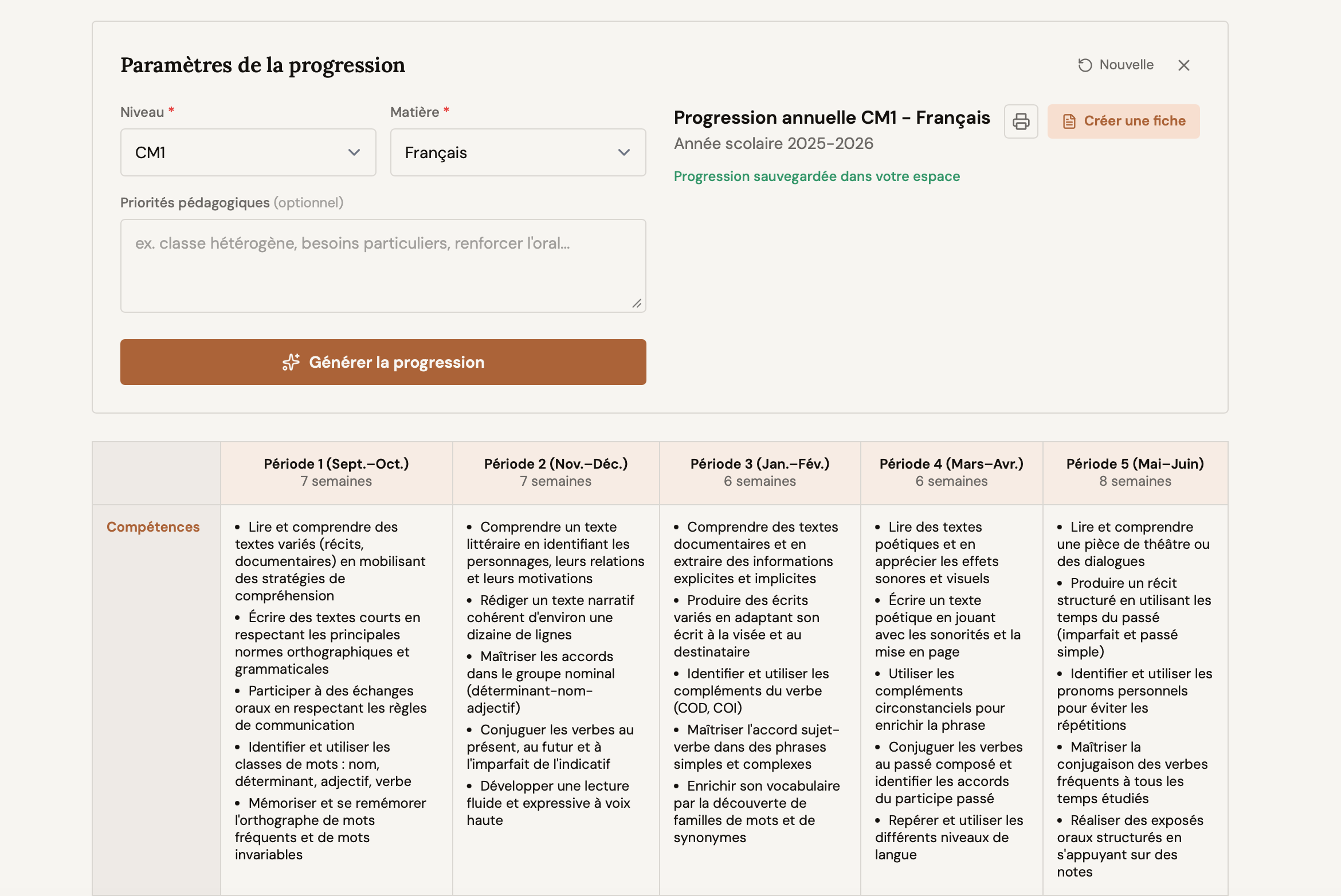 Aperçu d'une progression annuelle