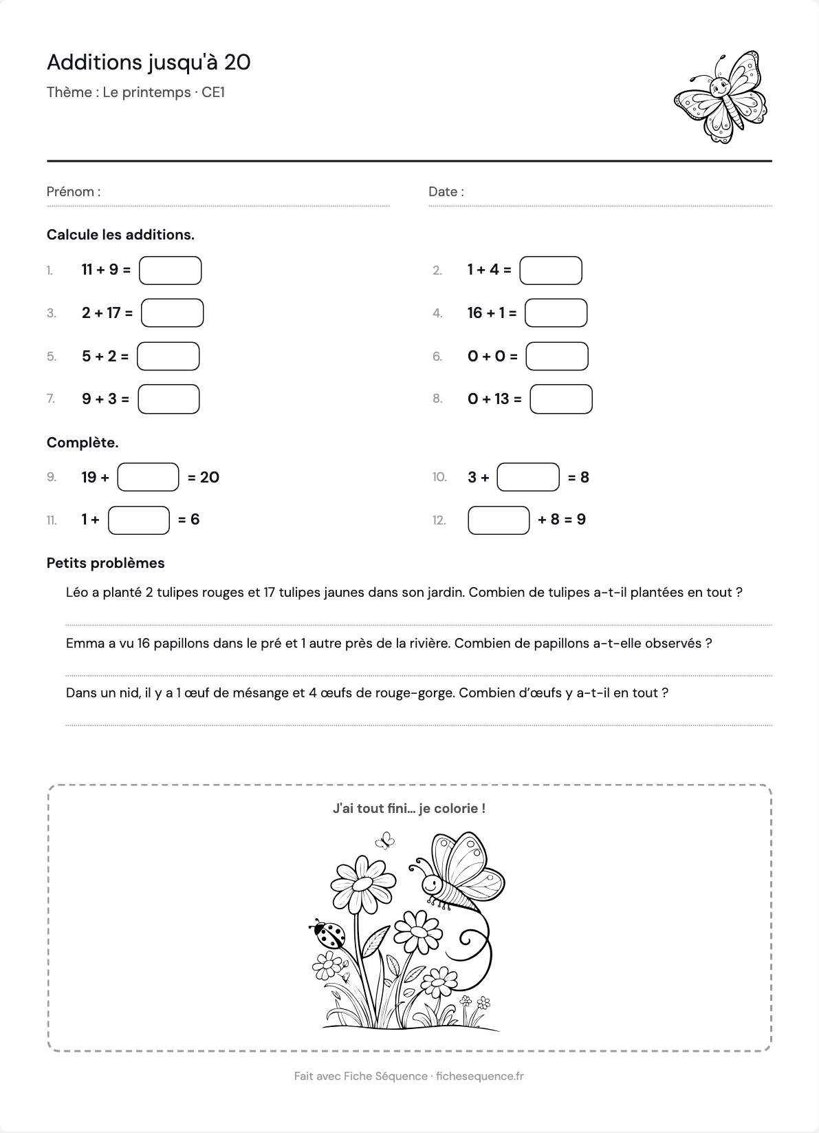 Exercices d’addition CE1 à imprimer : additions jusqu’à 20 et problèmes sur le thème du printemps