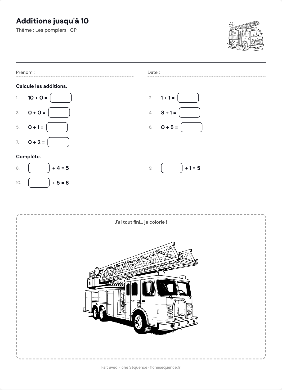 Exercices d’addition CP à imprimer : additions jusqu’à 10 et problèmes sur le thème des pompiers