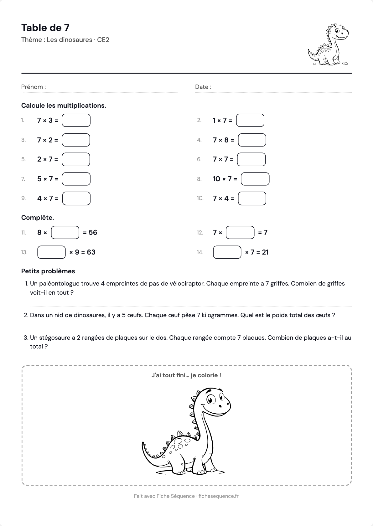 Fiche de maths CE2 à imprimer : table de 7, opérations à trous et trois problèmes sur le thème des dinosaures