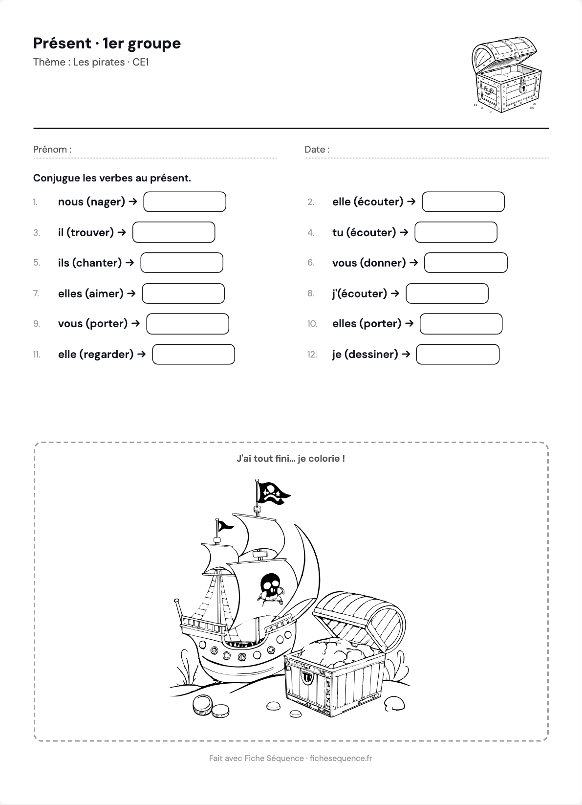 Exercices de conjugaison à imprimer : présent des verbes du premier groupe, thème des pirates