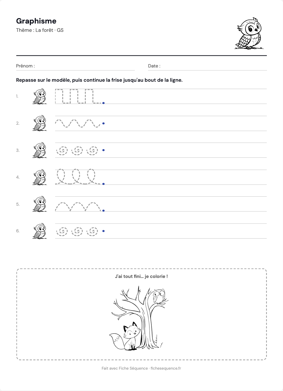 Fiche de graphisme grande section à imprimer : six frises à continuer sur le thème de la forêt