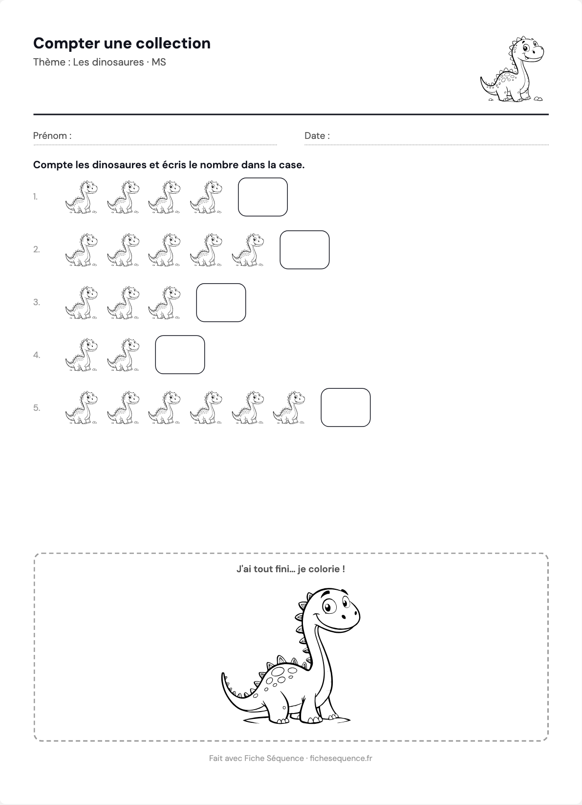 Fiche de maternelle à imprimer : compter des collections de dinosaures en moyenne section