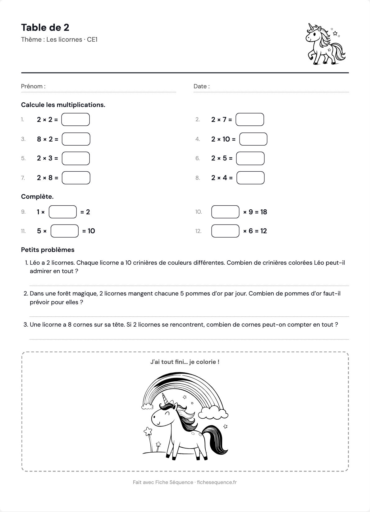 Exercices de multiplication CE1 à imprimer : table de 2 et problèmes sur le thème des licornes