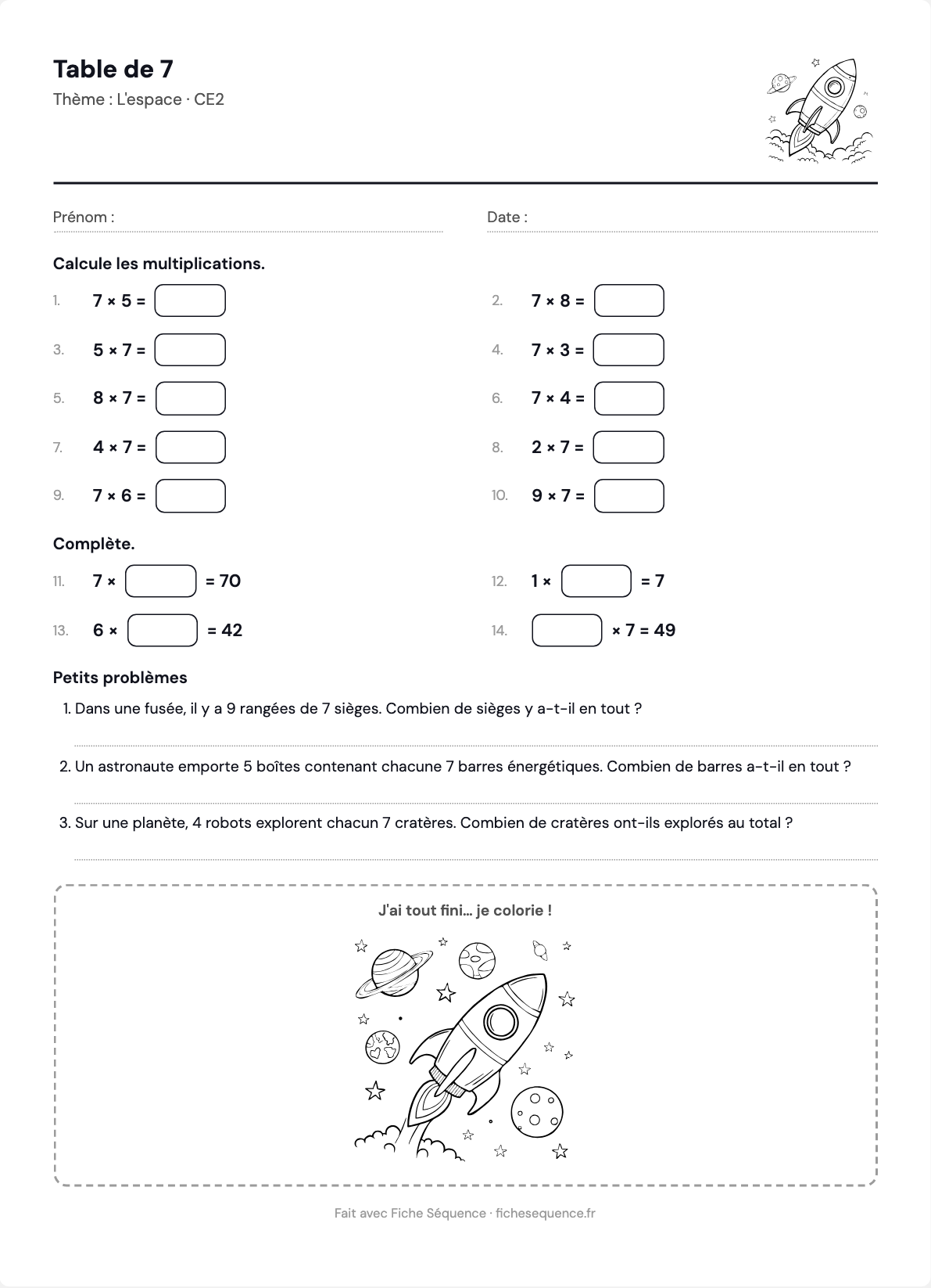 Exercices de multiplication CE2 à imprimer : table de 7 et problèmes sur le thème de l’espace