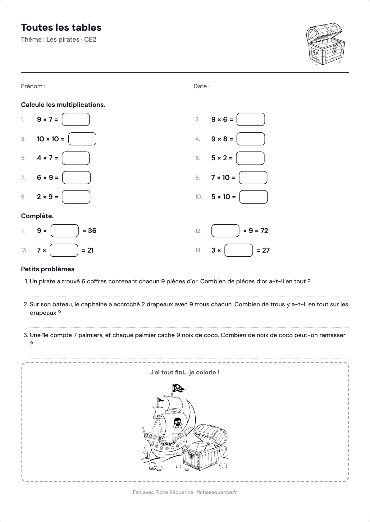 Exercices sur les tables de multiplication à imprimer : tables mélangées et problèmes sur le thème des pirates
